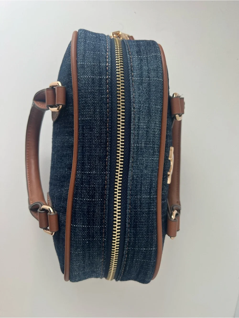 True Religion Denim Satchel in Dark Blue with Brown Trim & Gold Hardware